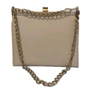 Vintage 50s Stylemark Hinged Beige Shoulder Bag Handbag Chunky Gold Chain Straps